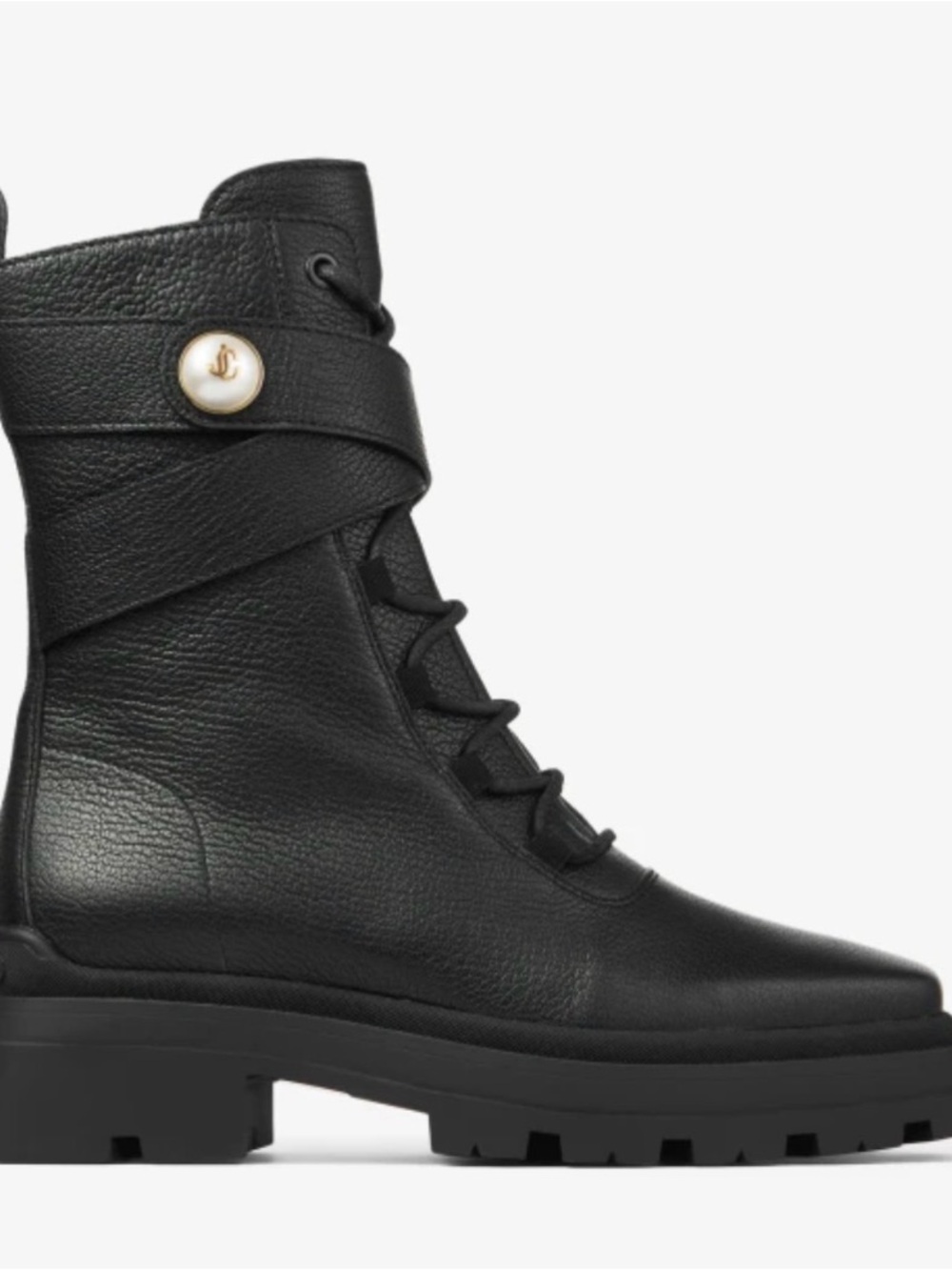 Jimmy Choo Black Leather Lace-Up Ankle Boots with Pearl Button